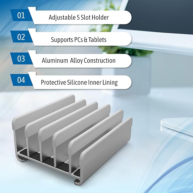 Elestoria Adjustable Laptop Stand - Fits 5 Devices, Modern Design, Tool Free Adjustment, Protective & Stable | Grey