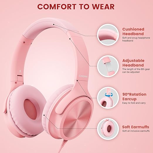 USB C Headphones Wired, Over Ear USB C Wired Headphones with Microphone, Volume Control, HD Stereo Sound, Foldable USB Type C Headphones for Adult/Teens/Chromebook/Laptop/Computer/iPhone,Pink