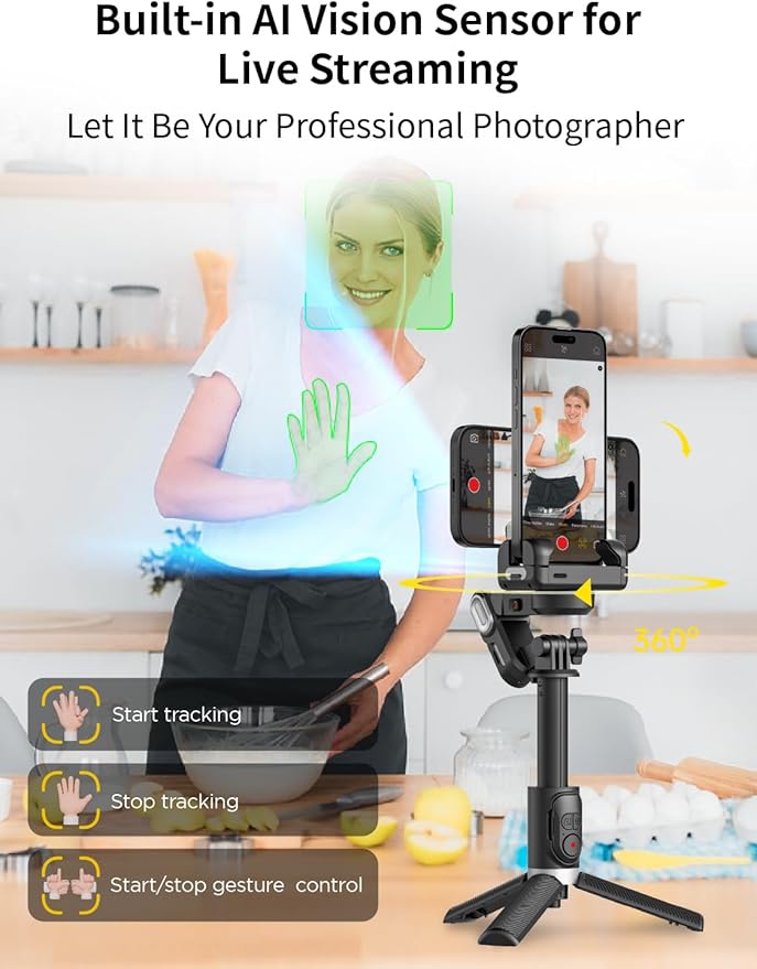 Gimbal Stabilizer for Smartphone, 4 in 1 Phone Gimbal w/360° Rotation for iPhone/Andriod Sefie Stick Tripod w/Auto Face Tracking and Wireless Remote for TIK Tok YouTube Vlogging-M1 Pro Black