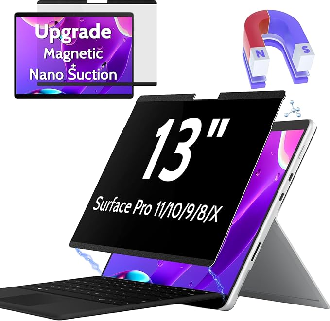 Magnetic Privacy Screen for Surface Pro 11/10/9/8/X 13 Inch, Removable Anti Blue Light Glare Filter, Black Security Private Apy Block Protector