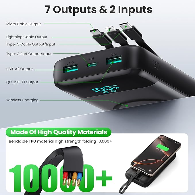 Wireless Portable Charger 40800mAh for iPhone with 3 Built-in Cables,7-in-1 15W Wireless Charging USB C Power Bank,LCD Display 25W PD QC 4.0 Fast Charging Battery Pack for iPhone 16/15/14,Android etc