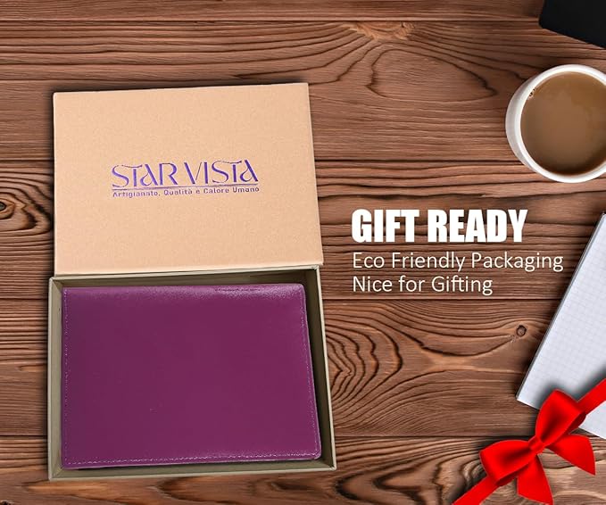 STAR VISTA Phoenix Leather Passport Holder, Calfskin Leather Travel Wallet - RFID Blocking, ID Window, Zipper Pocket, Pen & Notebook Included, AirTag Holder, Violet