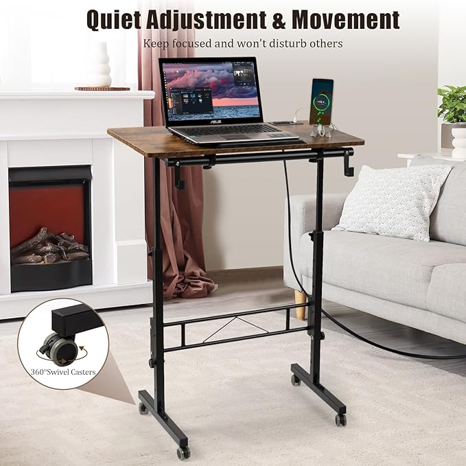 SIDUCAL Standing Desk Height Adjustable with Tiltable Tabletop, Rolling Laptop Desk with Charging Station, Sit Stand Portable Stand Up Desk with Wheels, Rustic Brown