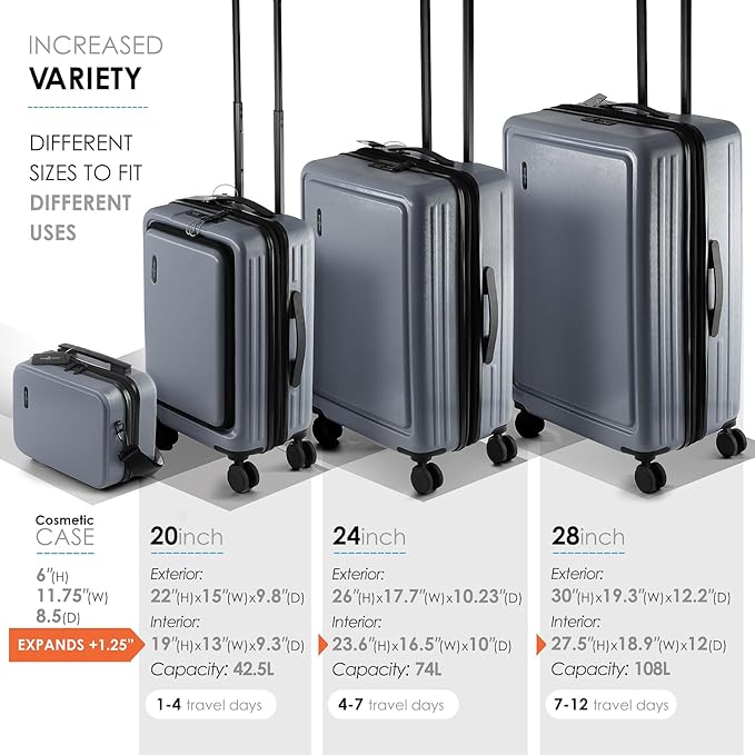 Hard Shell Luggage Sets with Spinner Wheels 4 Piece, Expandable Large Suitcases with TSA Lock, Travel Large Suitcase Set, Grey Luggage Set