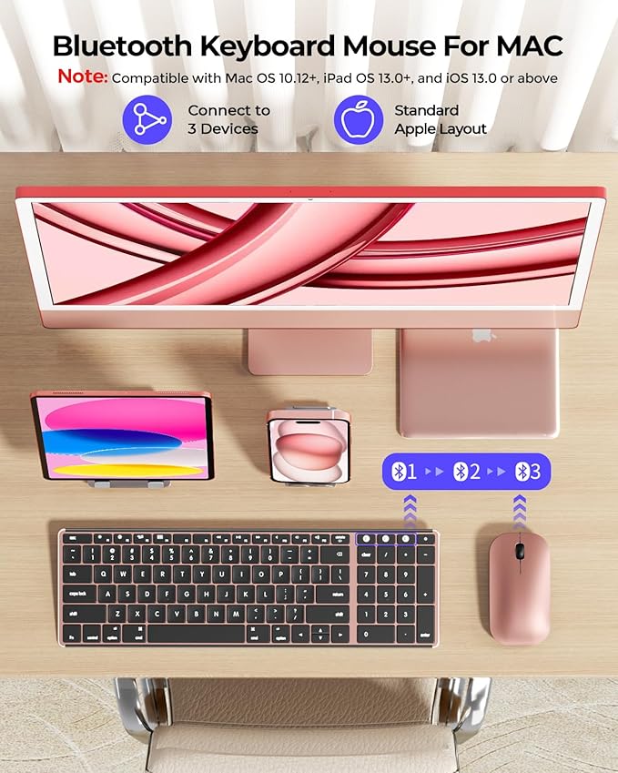 seenda Bluetooth Keyboard and Mouse for Mac, SKM64-2 Multi-Device Rechargeable Slim Wireless Keyboard Mouse Stainless Steel Full Size, Compatible with MacBook Pro/Air, iPad, Mac - Black Rose Gold