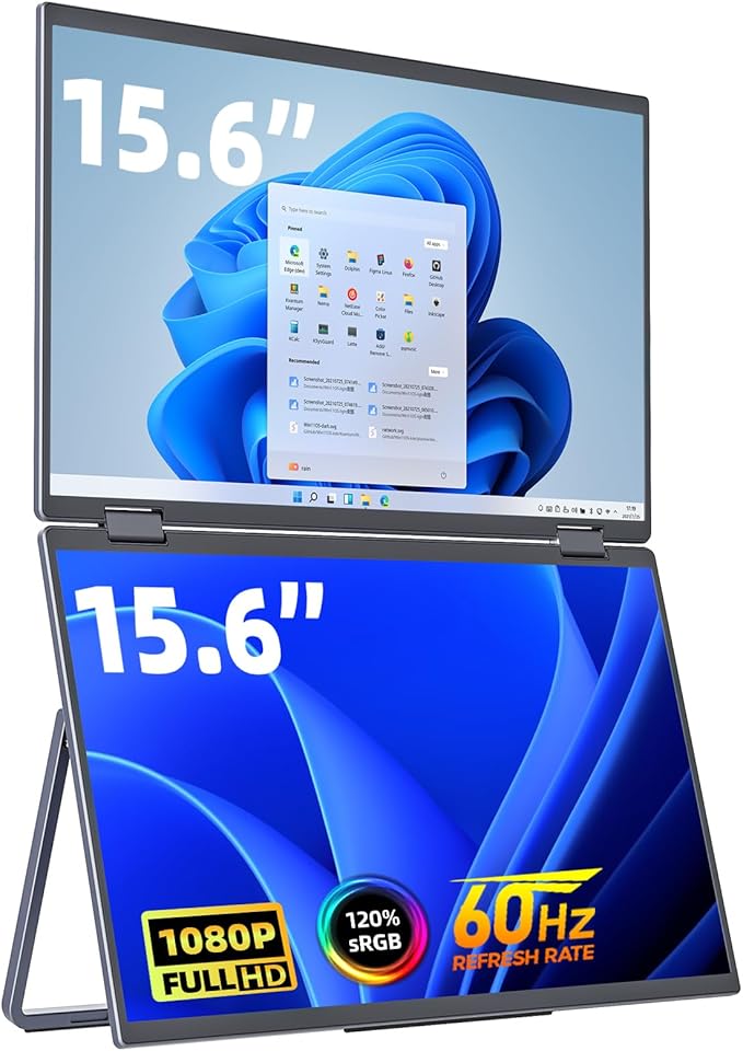 cocopar Portable Monitor Dual 15.6 Inch 1080P Travel Monitor with Speaker HDMI USB-C External Display for Laptop MacBook Surface PC Xbox PS4/5, VESA Mountable, with Stand