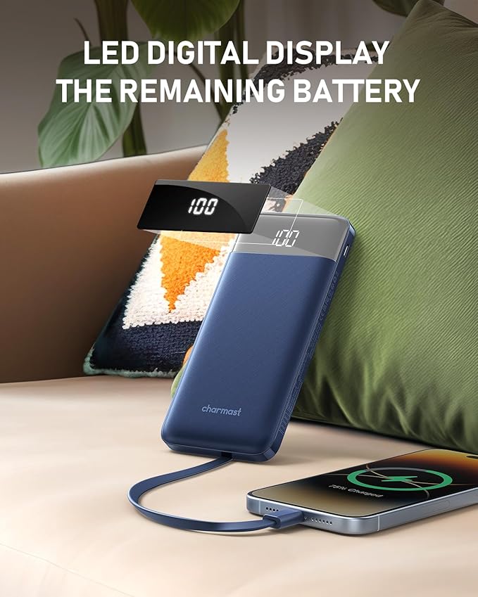 charmast Portable Charger with Built in Cables, 10000mAh Slim Power Bank, 15W USB C in&Out Port High Speed Charging External Charger, Battery Pack Compatible with iPhone 16 15 13 Samsung Google iPad