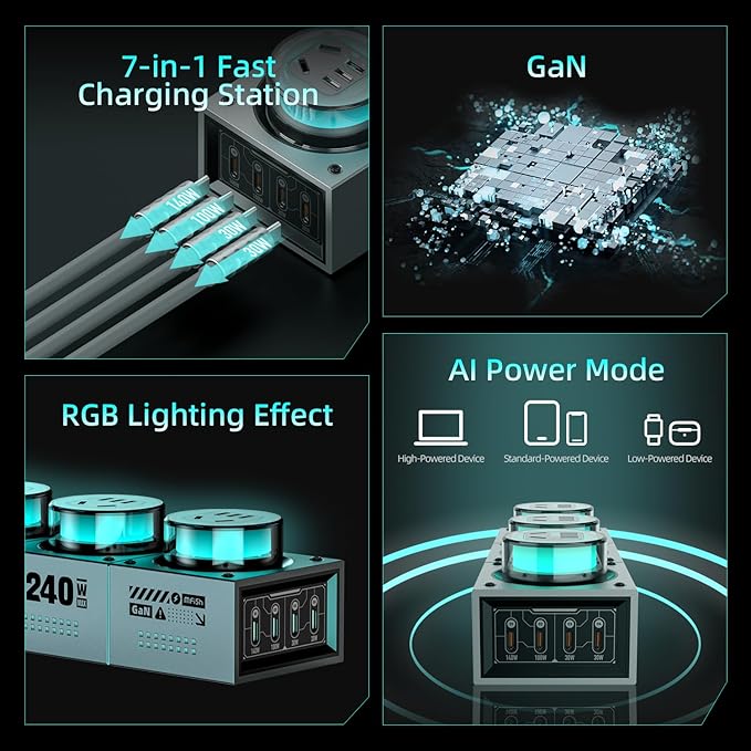 Mfish 240W GaN Charging Station, Super-Fast 7-Port Power Station, USB C Charger Block with RGB Ambient Lighting, Power Strip for MacBook, iPhone 16/15/14, Galaxy, and More (Silver)