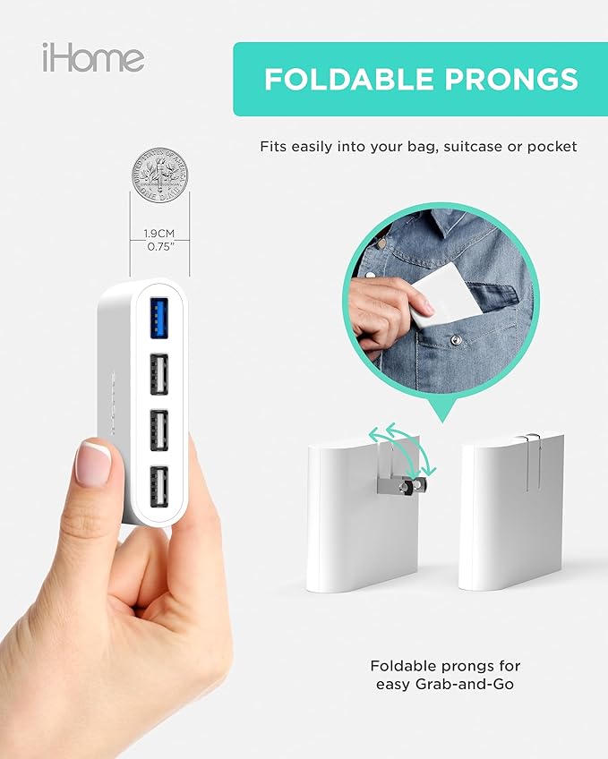iHome Slim 4-Port USB Wall Charger, AC Pro Multiport Plug Adapter, Phone Charging Block with 4 Ports, Flat USB Wall Adapter for Home & Travel