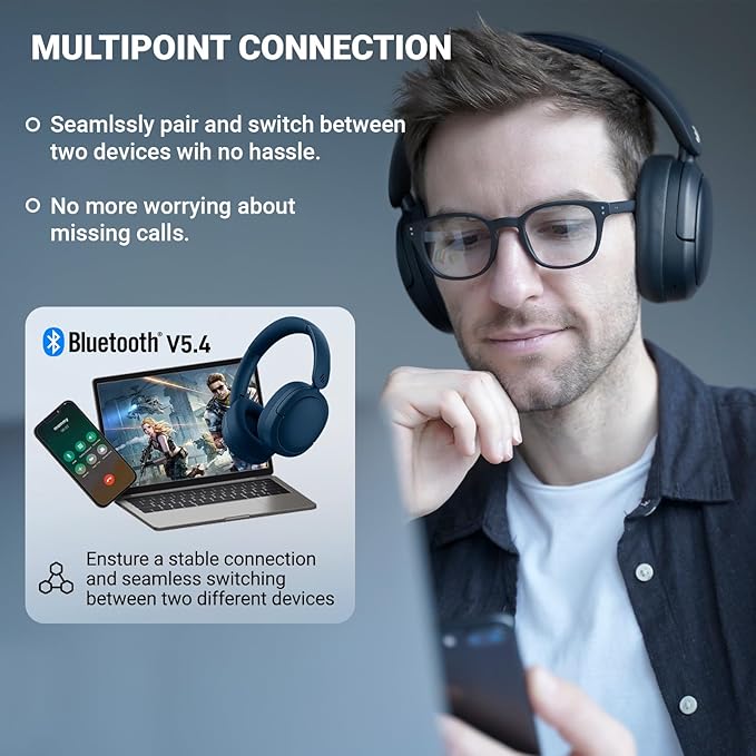 Edifier V80 Hybrid Active Noise Cancelling Headphones, True Wireless Over Ear Bluetooth Headset with 45H Playtime Hi-Res Audio Fast Charging Multipoint Connection for Travel Home Office (Navy)