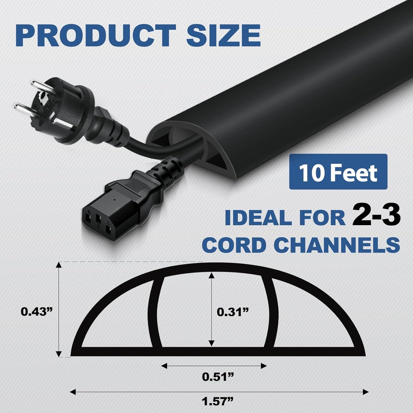 Floor Cord Cover for Wires on Floor Self Adhesive Cord Hider Floor Cable Management Wire Covers for Cords Protector Prevent Cable Trips Cord Cavity W 0.51" x H 0.31", Black, 10Ft