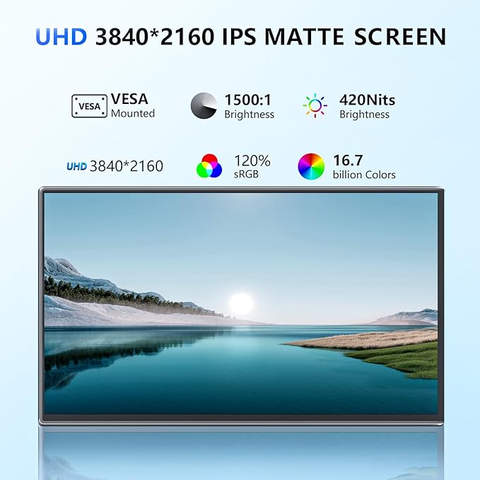 4K Large Portable Monitor 24” UHD 3840 * 2160 120% sRGB IPS Dual Speaker USB-C HDMI Extend Second Screen Display VESA Kickstand for Mac External PC Laptop Phone PS4/PS5