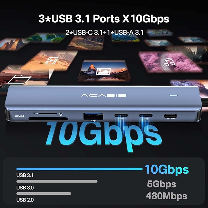 ACASIS USB C Hub to HDMI,10Gbps USBC Hub Multiport Adapter with 4K@60HZ HDMI,2*USB-C,1*USB-A,PD 100W,SD/TF Card Reader,7-in-1 USBC Splitter Adapter for MacBook, Mac mini,Laptop
