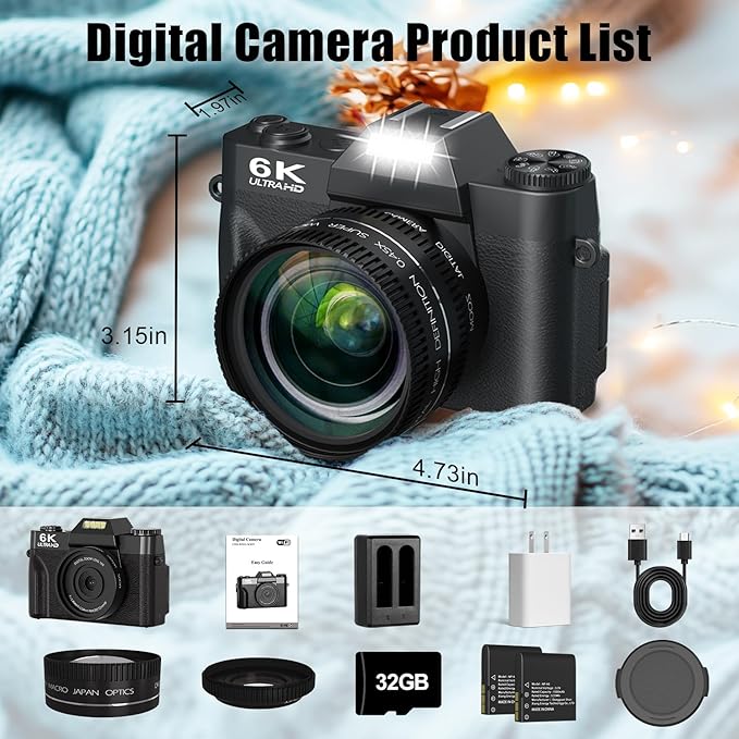 6K Digital Camera for Photography, 64MP Vlogging Camera for YouTube with 3" 180° Flip Screen, 16X Zoom Autofocus Compact Travel Beauty Cameras for Teens, with 32GB Micro SD Card