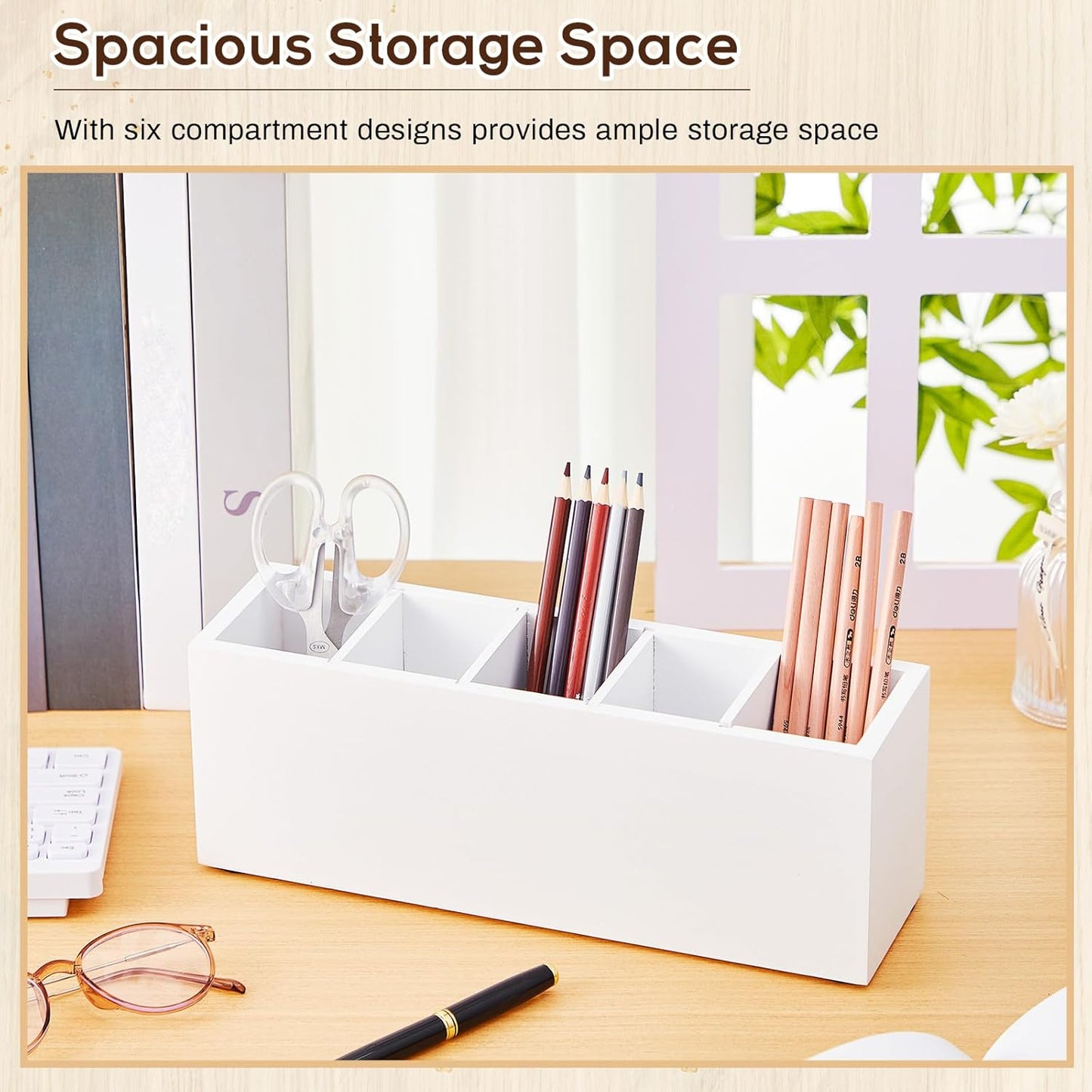 Jetec Wooden Pencil Holder 5 Compartments for Desk Adjustable Pen Holder Wood Office Desk Organizers and Accessories Makeup Brush Organizer for Pen, Home, Office and Art Supplies (White)