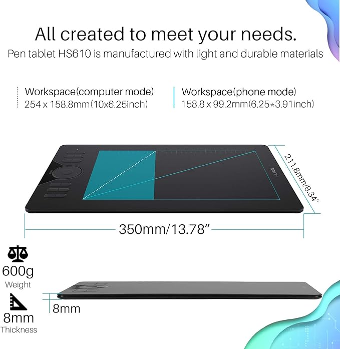 HUION Drawing Tablet HS610 Graphic Tablet with Battery-Free Stylus 8192 Pen Pressure Tilt Function, 10x6.25 Inches Digital Art for Animation & Design, Compatible with Windows/Mac/Android