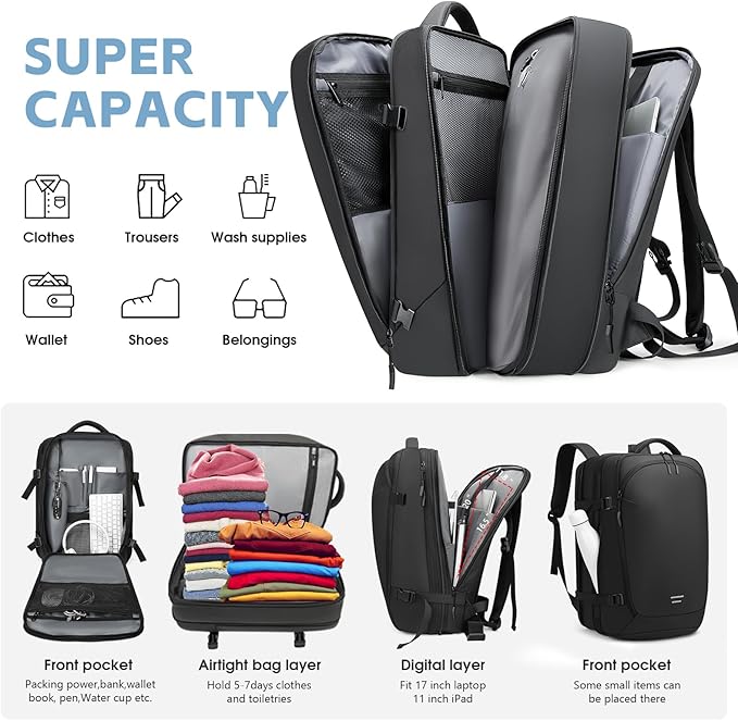 Vacuum Compression Backpack for Travel, 47L Expandable Airback Backpack with Pump, 17 inch Laptop Backpack Luggage Flight Approved with Vacuum Compression System