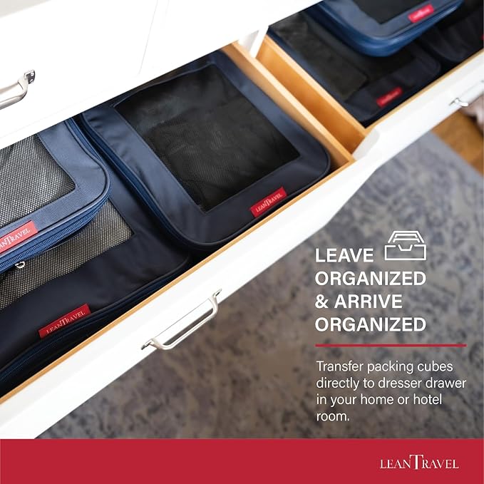 LeanTravel Compression Packing Cubes for Travel Organizers with Double Zipper (3-Pack (2L+1M), Navy)