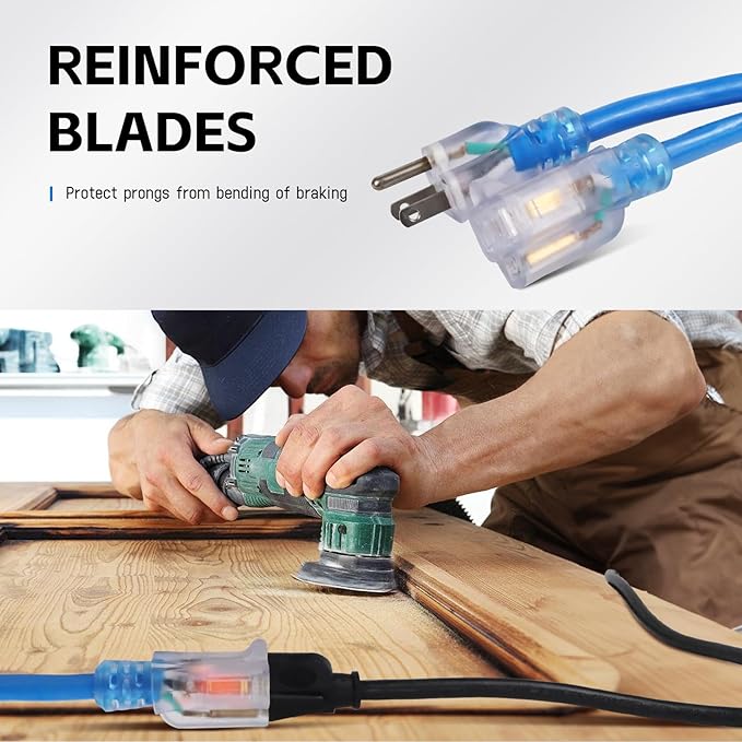 EP 15 Ft Outdoor Extension Cord, 12/3 SJTW Heavy Duty Waterproof Power Cable, 3 Prong Grounded Plug, Lighted End, for Lawn, Garden, Appliances, Blue