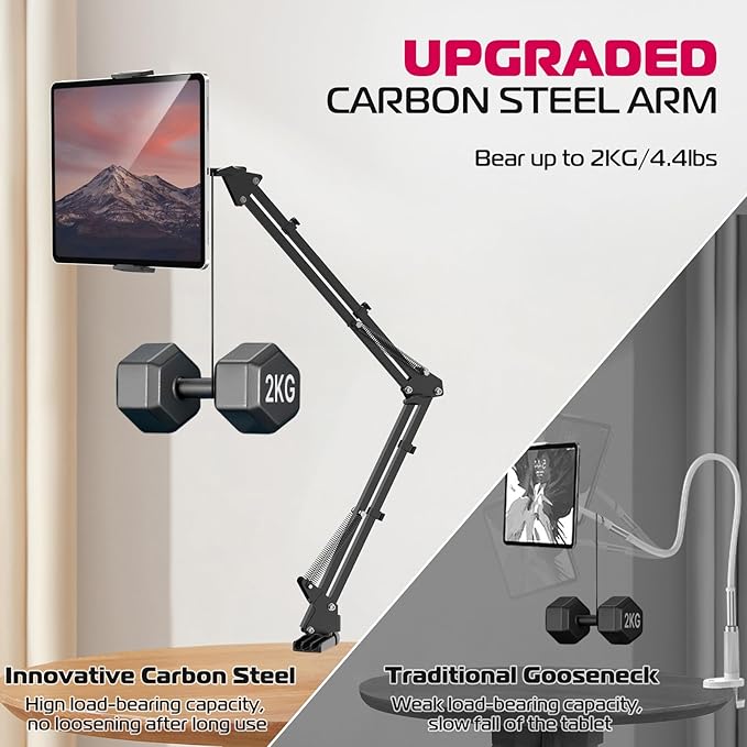 ULANZI T2 Adjustable Tablet Holder for Desk, Carbon Steel Tablet Phone Stand for Bed, Flexible Tablet Arm Clamp Compatible with iPhone 17 16 15 Pro iPad Kindle Galaxy Tab 4.6-12.9 Inch Devices