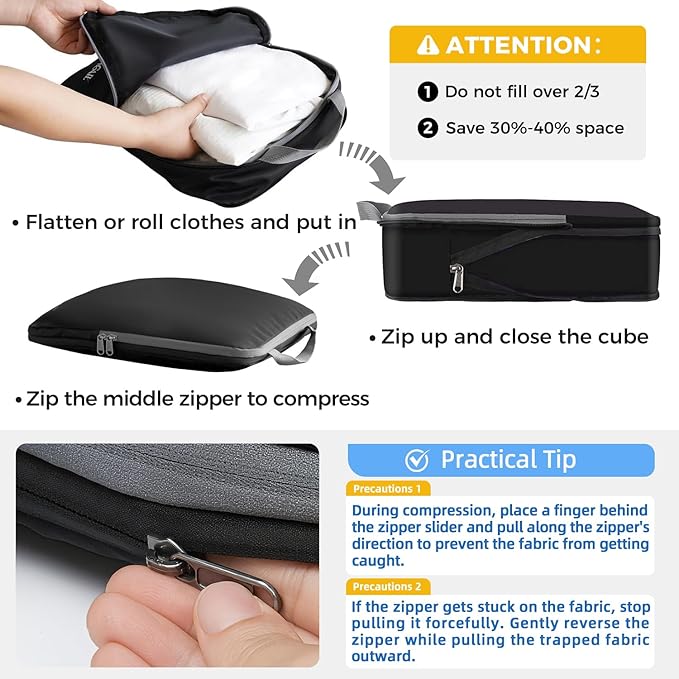 BAGAIL 4 Set/6 Set/8 Set Compression Packing Cubes Travel Accessories Expandable Packing Organizers (Cloth Pattern, 4-Black)