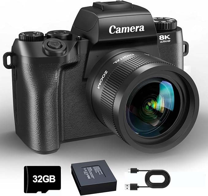 8K Digital Camera for Photography, WiFi Touchscreen Vlogging Cameras for YouTube with Autofocus,16X Digital Zoom Video Camera with 3000mAh Battery, Dual-Lens, Lens Hood, 32GB TF Card,Black