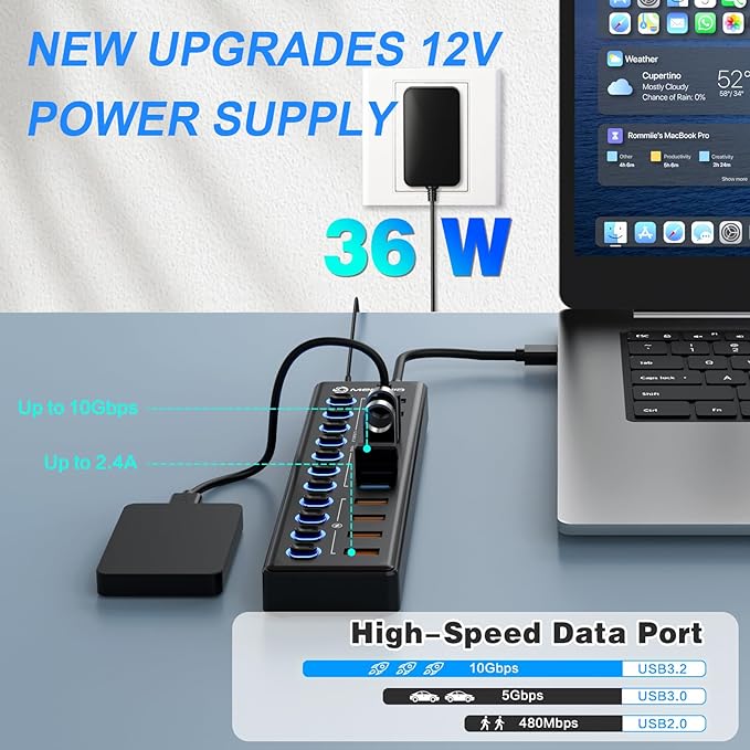 Powered USB Hub, MENKSID 11-Port USB Hub, 7 USB 3.2 Data Transfer Ports + 4 Smart Charging Ports, Independent Switch (with LED Power Indicator), USB 3.2 Hub Powered with Power Adapter for Mac, PC
