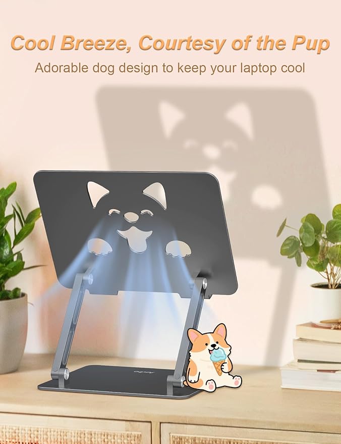 Laptop Stand for Desk – Adjustable Portable Laptop Riser, Aluminum Laptop Holder Compatible with MacBook Air Pro, Dell, HP, Lenovo (10"-17.3"), Featuring Unique Puppy Panel Design, Gray