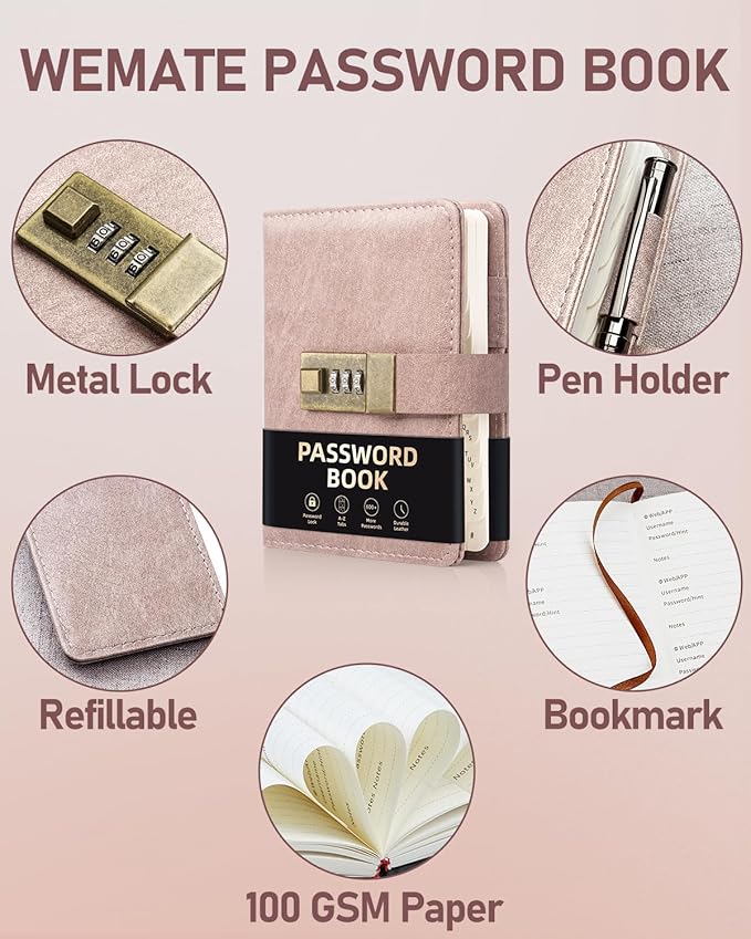 WEMATE Password Book with Lock, Password Book with Alphabetical Tabs 600+ Password Spaces, Password Organizer Logbook, Password Keeper for Computer & Website Logins (4.3X 6.18in) Pink