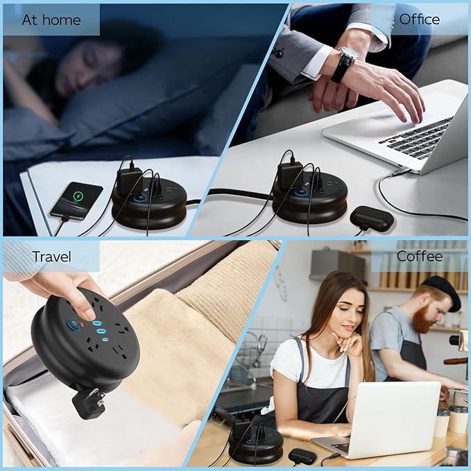 Retractable Travel Power Strip: 6 ft Extension Cord Portable Powerstrip with 5 Outlet 2 Smart USB Port 2 USB C for Travel Cruise Ship Beach Vacation Essentials