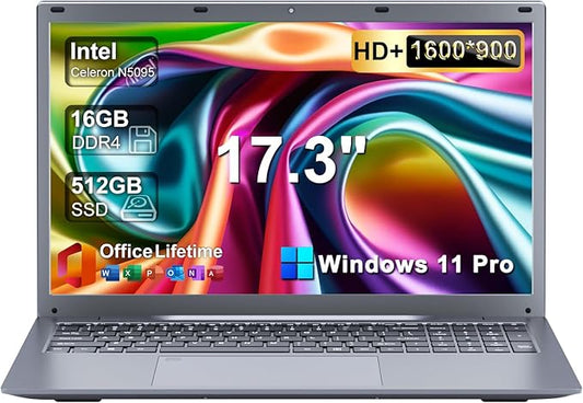 17 17.3 inch HD+ Laptop Computer, 16GB RAM 512GB SSD, Intel Celeron N5095(Up to 2.9Ghz), Wi-Fi, HDMI, Webcam, Backlit Keyboard, Fingerprint, Windows 11 Pro + MS Office for Students and Business, Gray