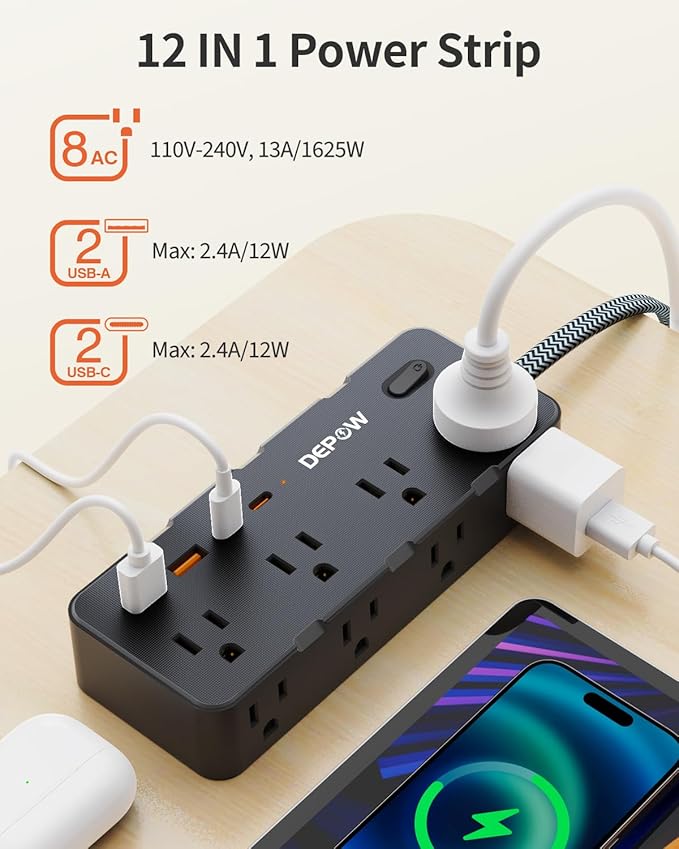 Power Strips with Surge Protection, 5FT Braided Extension Cord with Multiple Outlets-8 AC Outlets 4 USB Ports (2 USB C), Flag Plug, 1700 Joule Surge Protector for Home Office, Black
