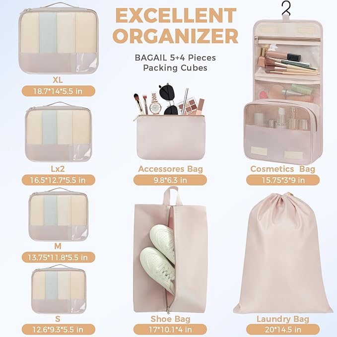 BAGAIL 9 Set Packing Cubes Luggage Packing Organizers for Travel Accessories