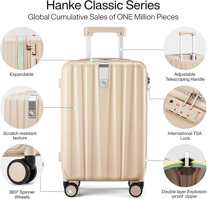 Hanke Expandable Hard Shell Luggage Sets 2 piece Carry on Luggage with Wheels Suitcases Lightweight Checked Travel Luggage Rolling Large Suitcase Travel Luggage Bag Woman Men 20/29 Inch Cuba Sand Pink