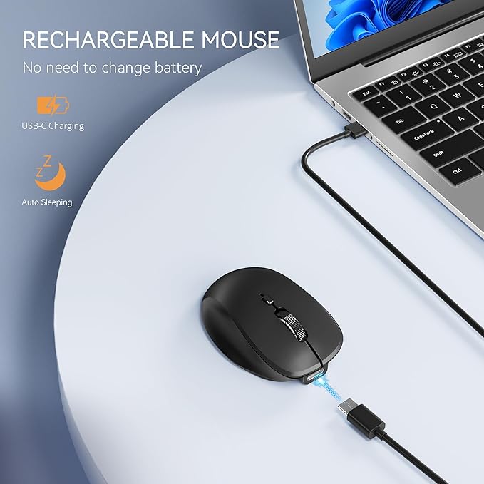 Uiosmuph Mini Wireless Bluetooth Mouse for Travel, Silent Rechargeable Computer Mouse for Laptop, Small Portable BT5.1/5.0 & 2.4Ghz with USB Receiver and Type C Adapter - Black