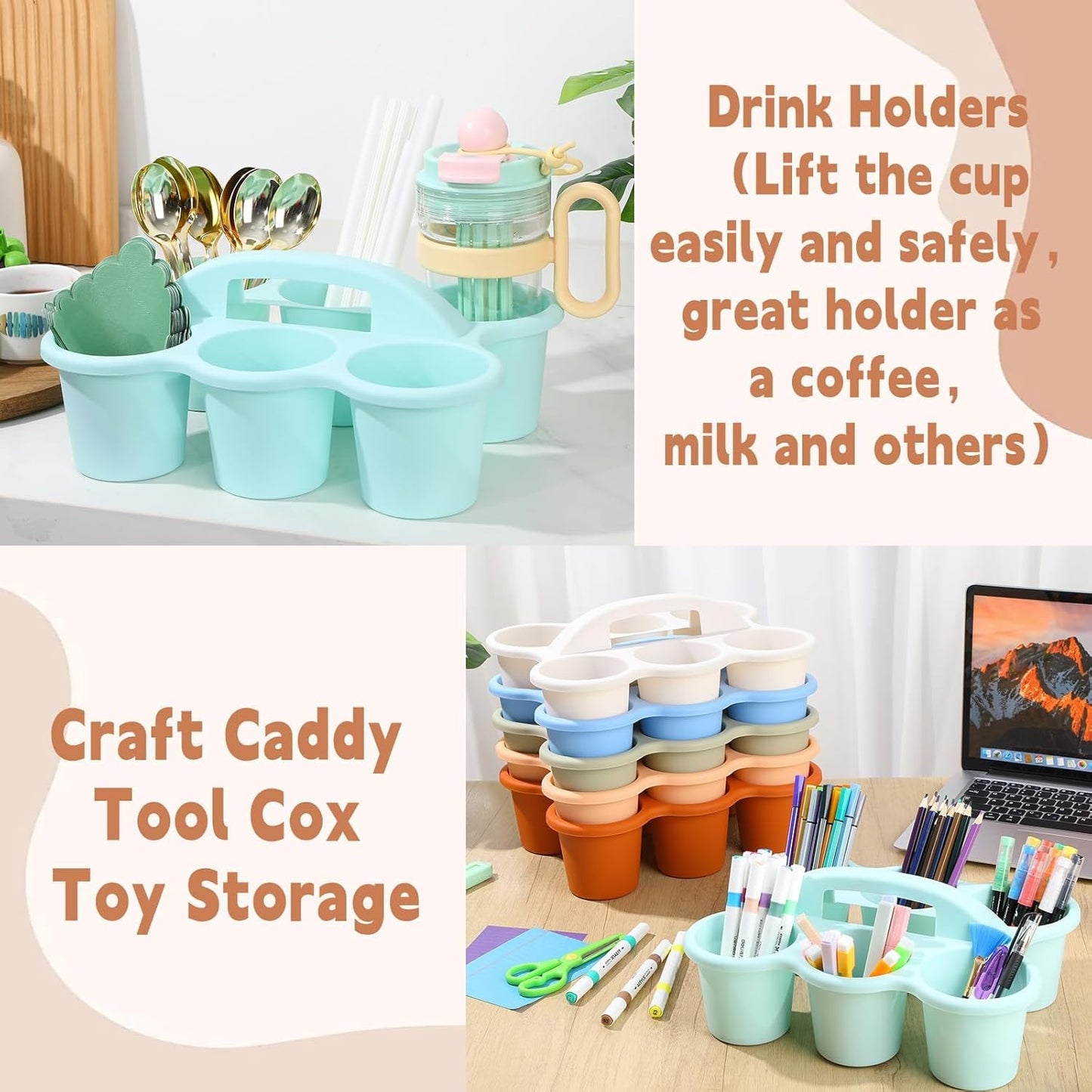 6 Pack Classroom Caddy Organizer with Handle Morandi Plastic Table Caddy Drink Cup Caddies Holder 12×9×3.5 Inches Storage School Supplies 6 Compartments for Table Crayon Pencil Cup Marker Craft