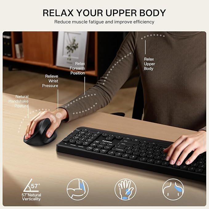 PHILIPS Ergonomic Mouse - Vertical Mouse with 800/1200/1600 Adjustable DPI, 6 Silent Buttons Design for S/M Hands, Auto Power Saving,Light Weight, 2.4GHz Wireless Mouse for Laptop, Desktop, PC-Black