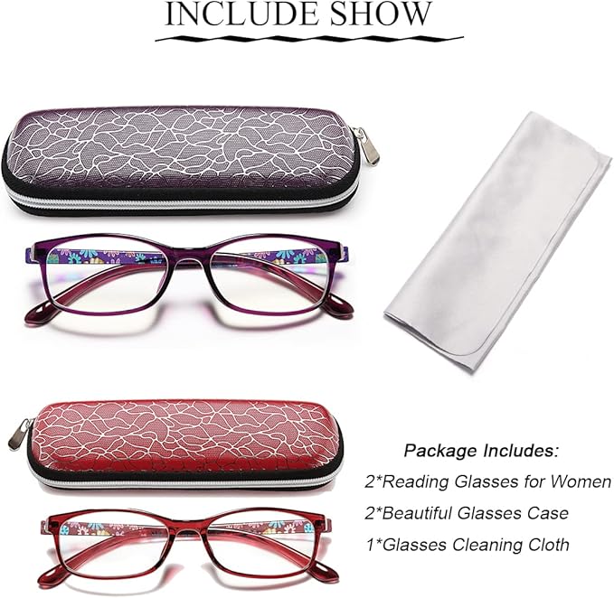 EYEURL Reading Glasses Women Blue Light Blocking - Set of 2 Pattern Design Value Computer Readers (Red+Purple, 3.5)