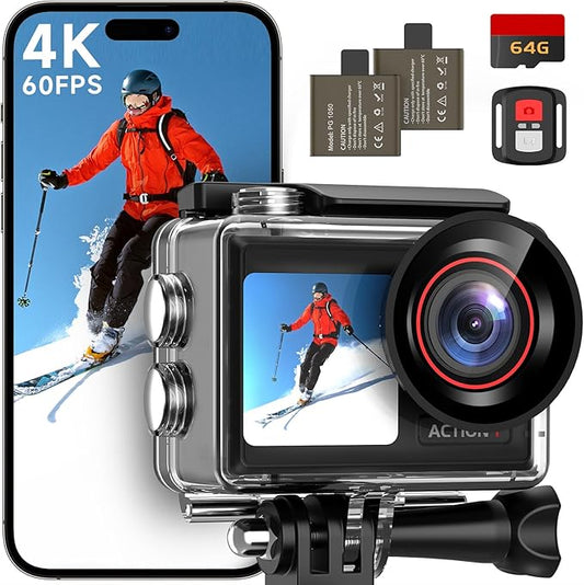 ODDV 4K60FPS 30MP Action Camera with Front LCD and Touch Rear Screens, Underwater Camera with 64GB Memory Card, 132FT Waterproof Camera, EIS, 5X Zoom, WiFi Remote Control (Black)