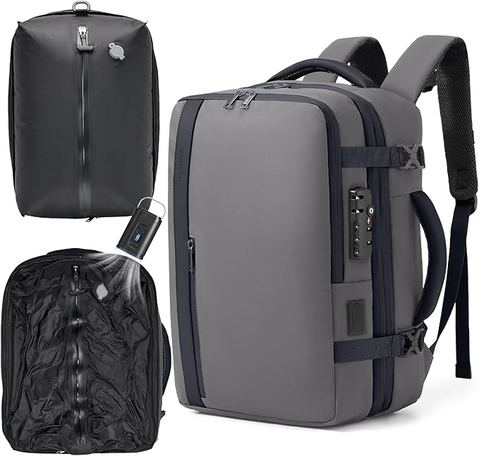 Fanwoli Vacuum Travel Backpack, Carry On Luggage with TSA Lock & Anti Theft Zipper, 60L Expandable Airback with Compression Pump, Waterproof Laptop Bag Ideal for Flight & Business,Grey