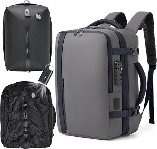 Fanwoli Vacuum Travel Backpack, Carry On Luggage with TSA Lock & Anti Theft Zipper, 60L Expandable Airback with Compression Pump, Waterproof Laptop Bag Ideal for Flight & Business,Grey