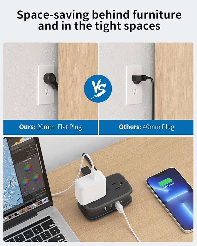 2 Pack Power Strip with USB Ports, 4 Outlets 3 USB Ports, NTONPOWER Small Power Strip with 4ft Short Extension Cord Retractable, Compact Size for Travel, Home Office, Hotel, Black