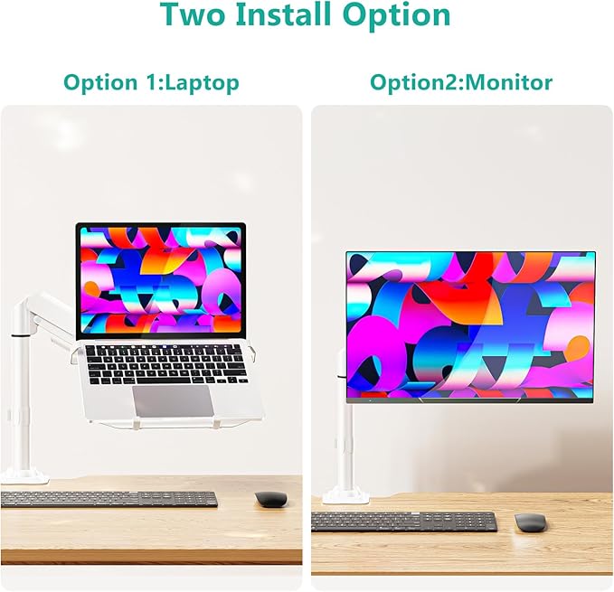 WALI Laptop Tray Desk Mount, Laptop Arm Mount Fits 10-15.6 Inch Notebook, 2-in-1 Gas Spring Monitor Arm for 17-32 Inch Computer Screen, Holds up to 22lbs(GSDM00LPW), White