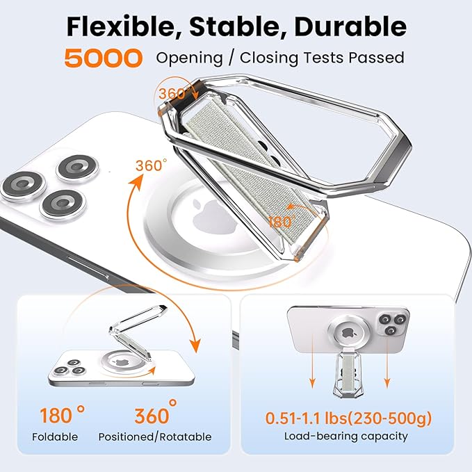(2025 Upgraded) 4-in-1 Magnetic Phone Grip Stand for MagSafe with Finger Strap Loop,Removable Ring Holder for iPhone 17 Pro Max 16 15 14 13 12,Kickstand for Hands-Free View at Home Work Travel, Silver