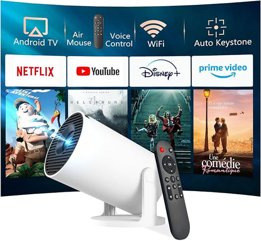 JREN Mini Android Projector Portable with WiFi and Bluetooth, Smart Projector with Auto Keystone, Outdoor Movie Projector for Bedroom Ceiling, Short Throw Roku Projector Home Theatre Mini