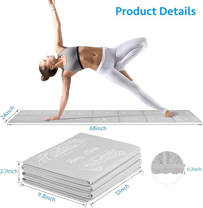 Foldable Yoga Mat for Women, Non Slip Exercise Mat for Home Gym, 5mm Travel Yoga Mats Set With Stretch Strap for Yoga Pilates and Fitness, 68"L x 24"W x 0.2 Inch Thick