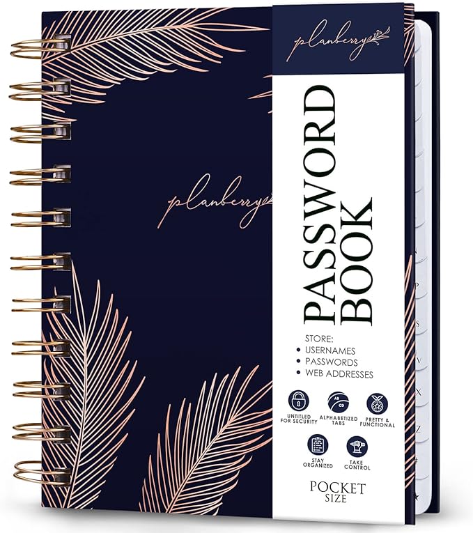 PLANBERRY Password Book Premium – Small Internet Address Organizer with A-Z Tabs – Pocket Website Password Keeper with Alphabetical Tabs – 4.7x5.7″, Hardcover (Royal Blue)