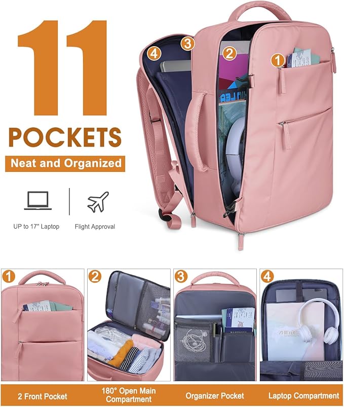 Capolo Travel Backpack for Women Men Waterproof Laptop Backpack Airlines Approved Carry On Backpack Bag Computer Bookbag for Business, Work, Traveling Fits 17 Inch Laptop(Pink)