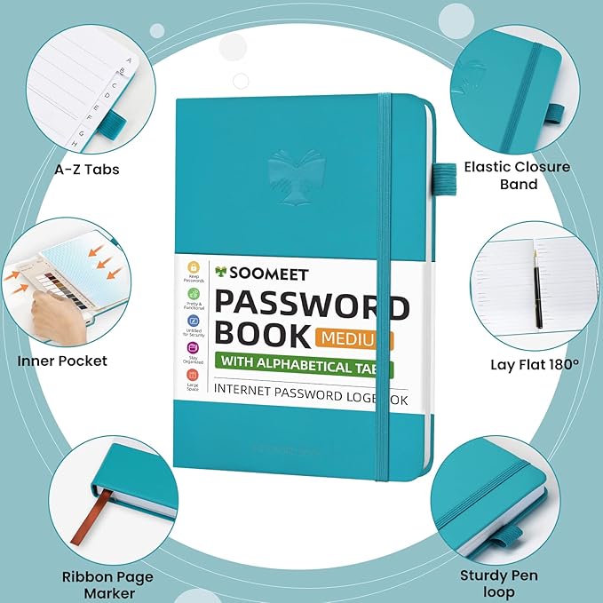 Password Book with Alphabetical Tabs, Hardcover Password Keeper, A5 Size 8.3"x6" Password Notebook for Saving Internet Login, Username, Password Organizer for Computer & Website