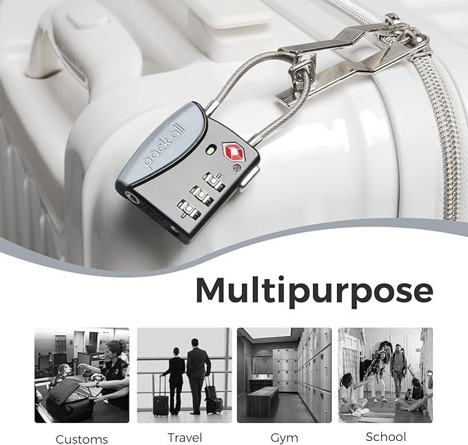 pack all TSA Approved Cable Luggage Locks, 3 Digit Combination Padlocks, Travel Lock for Suitcases & Bag, Alloy Body, Travel Accessories (1 Pack)（Grey）